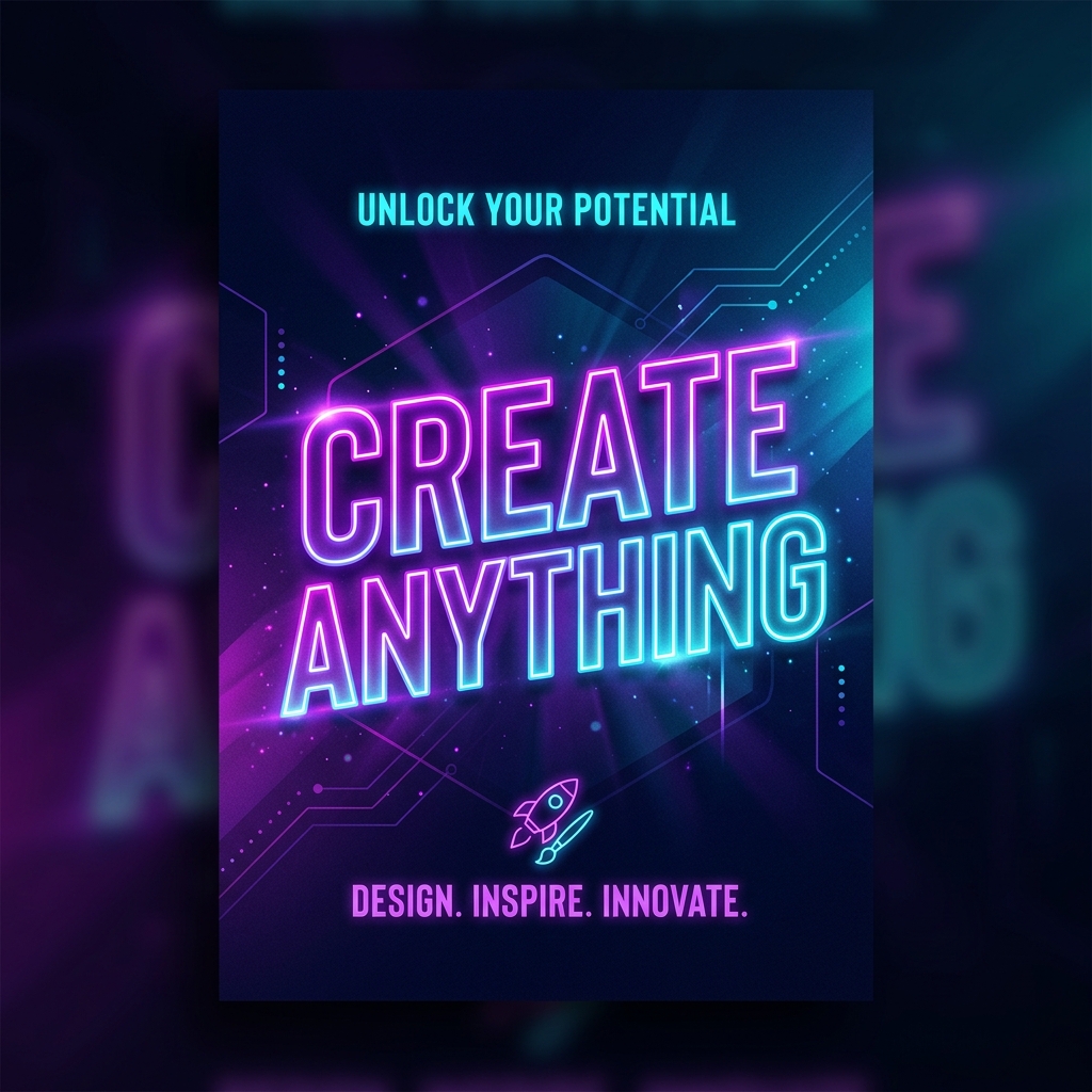 Neon CREATE ANYTHING text art on dark background — perfect AI text rendering by BanaGen