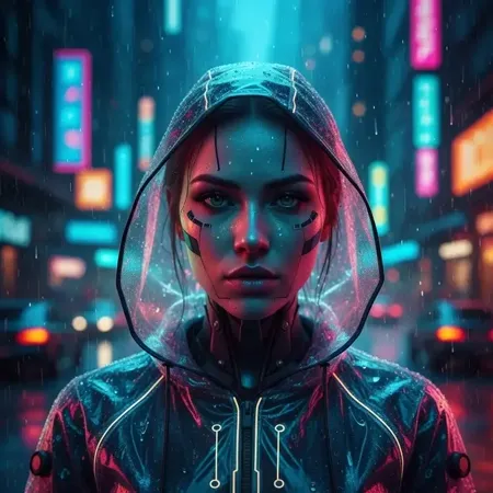 Cinematic portrait of a futuristic female cyborg in a glowing translucent hoodie, set against a rainy cyberpunk city background with neon lights.