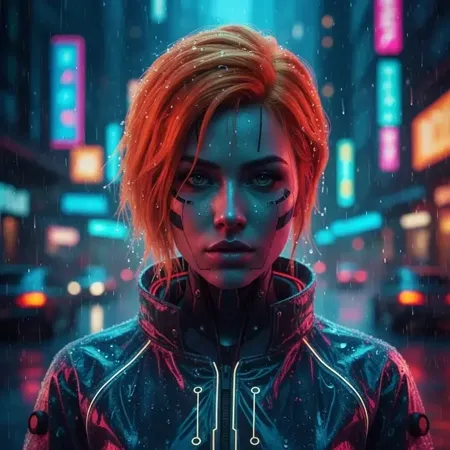 Cinematic portrait of a female cyborg with short orange hair and cyan facial markings, standing in a rainy neon-lit cyberpunk city.