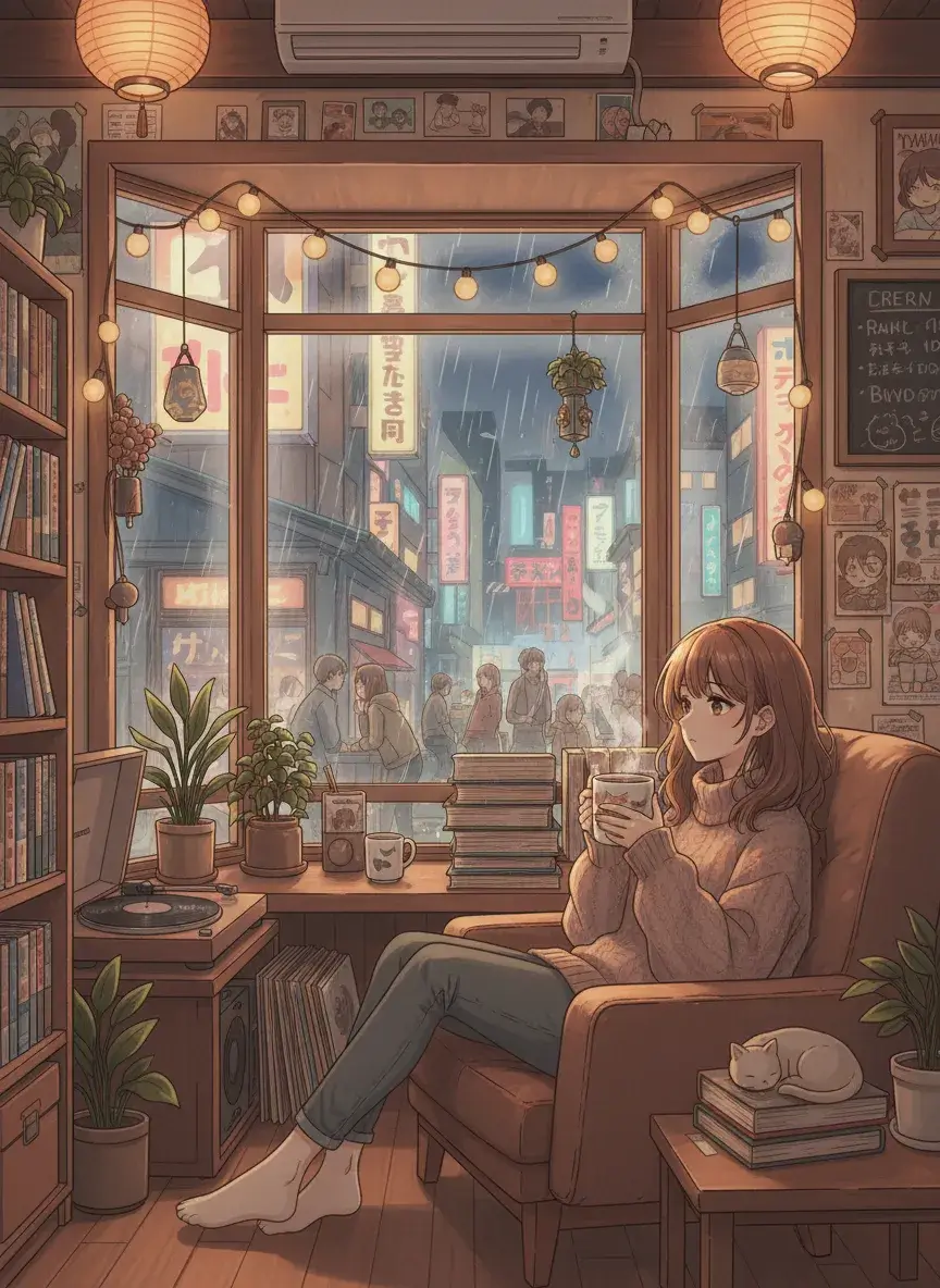 AI generated anime cafe window rainy day - BanaGen