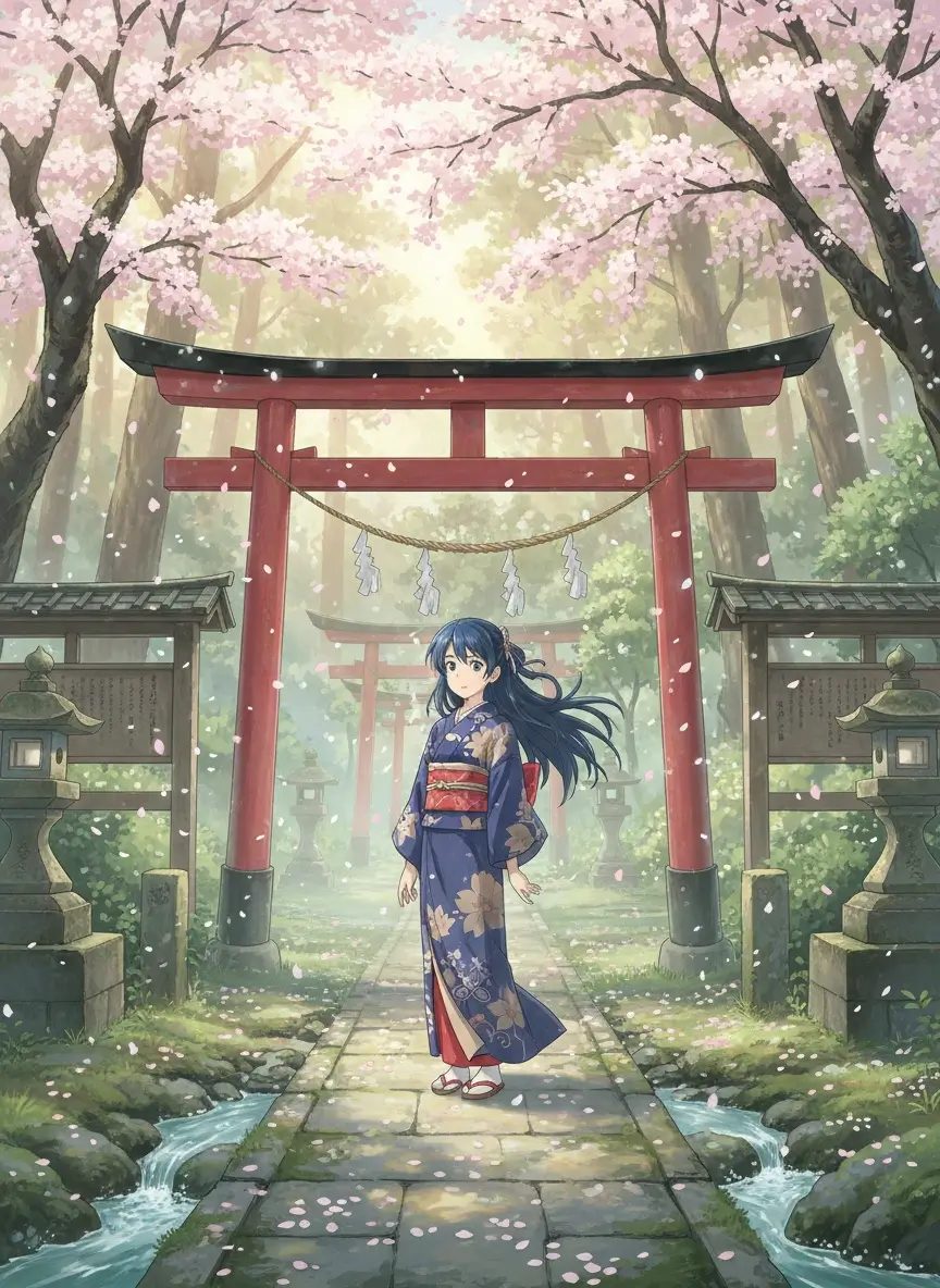 AI generated anime girl at cherry blossom shrine - BanaGen