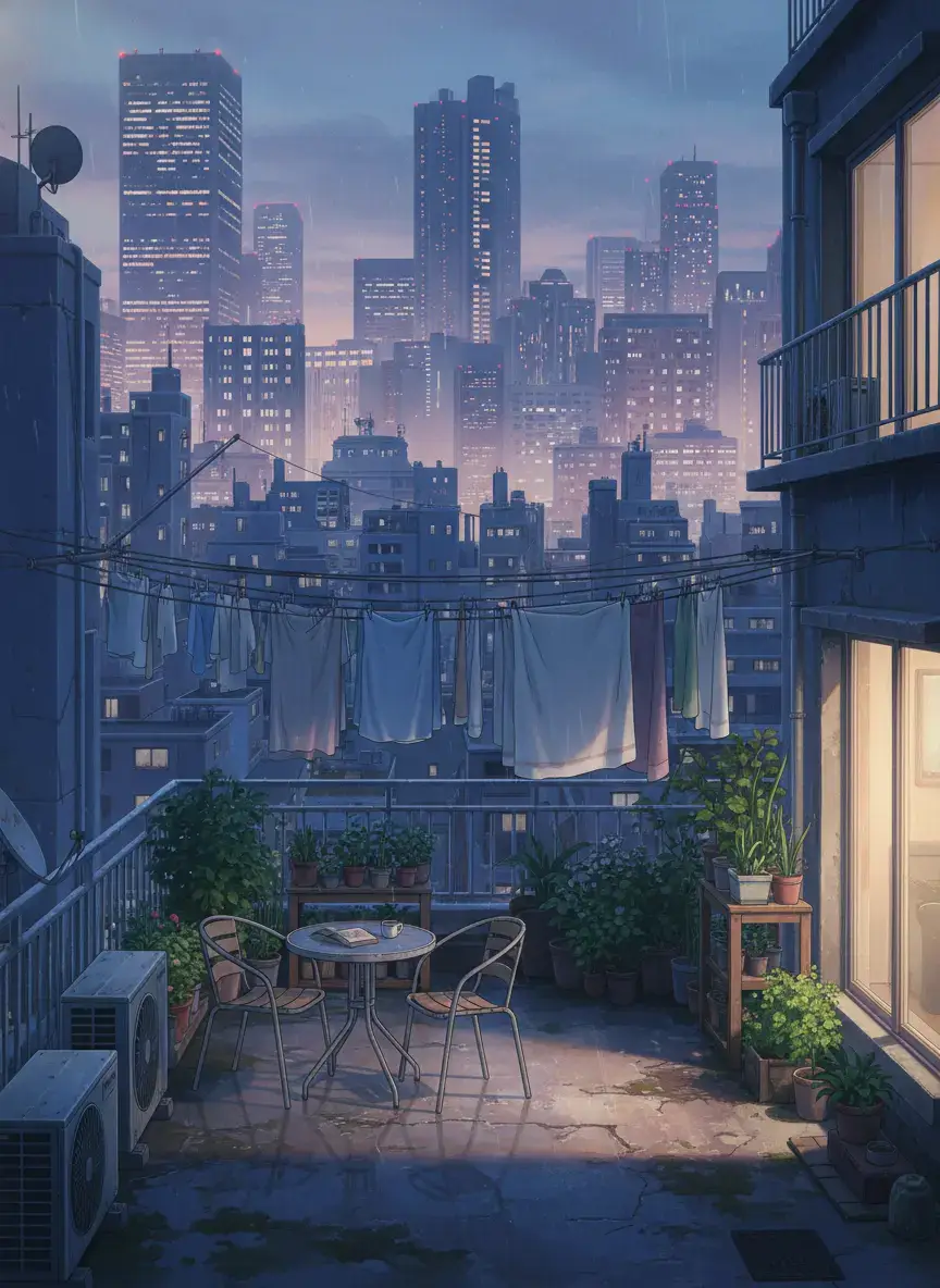 AI generated anime Makoto Shinkai style anime rooftop terrace at blue hour with hanging laundry and potted plants, city skyline in background, detailed concrete textures, atmospheric urban daily life scene - BanaGen
