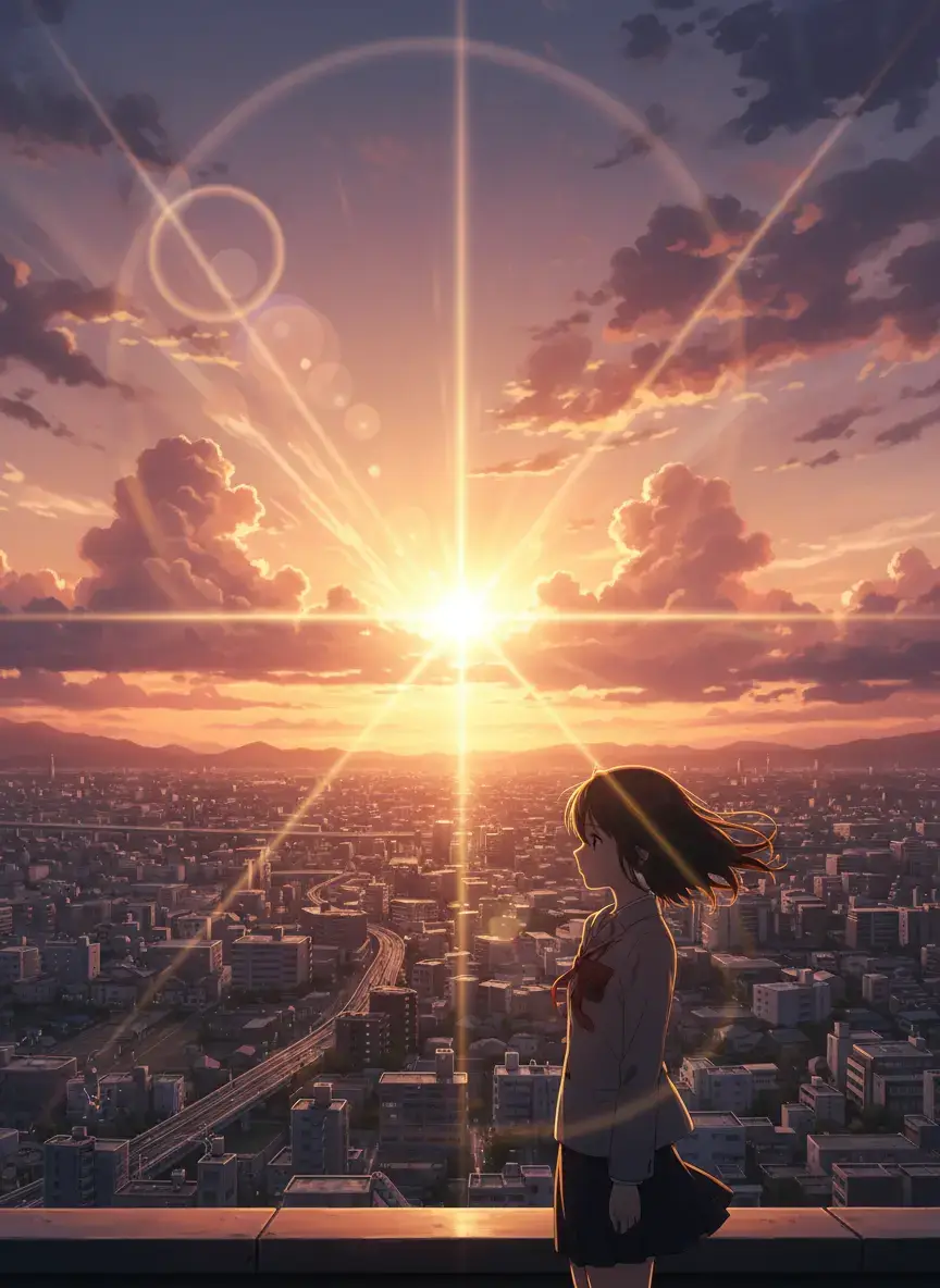 AI generated anime girl silhouette on rooftop watching dramatic sunset with intense lens flares and mystical light circles over city, Makoto Shinkai cinematic style - BanaGen