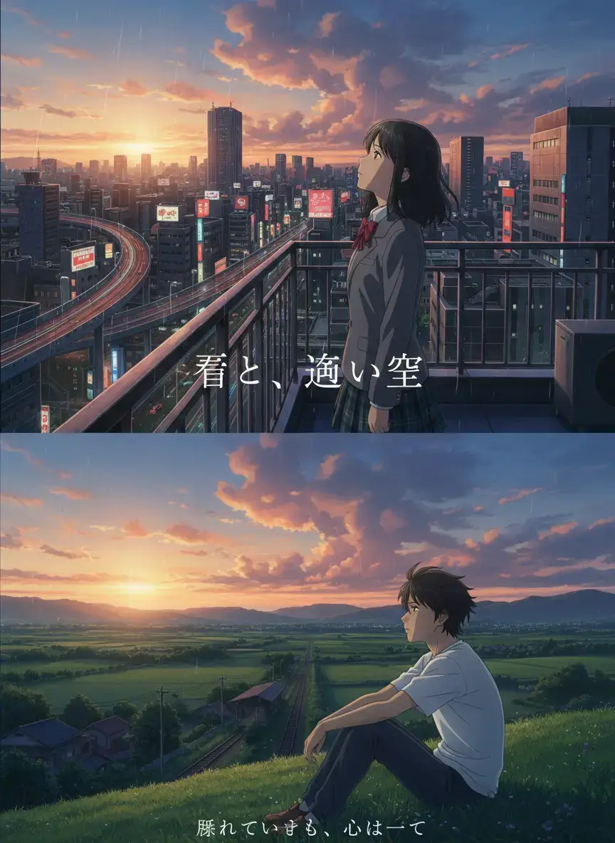 Anime girl in school uniform standing on apartment balcony overlooking Tokyo cityscape at golden hour sunset with dramatic clouds and highway light trails, Makoto Shinkai style - BanaGen