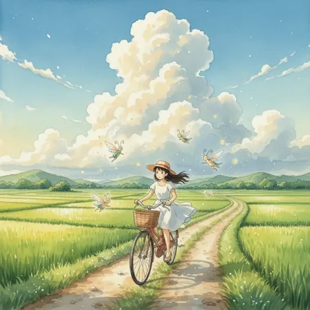 Anime style AI art of a girl riding bicycle in rice field, Studio Ghibli inspired