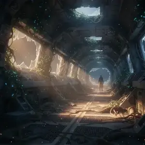 A cinematic concept art of a dilapidated futuristic space station corridor overgrown with lush green vines, featuring broken viewports with dramatic sunbeams piercing through dust particles and a lone silhouette figure standing at the far end.