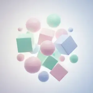 A minimalist 3D render of floating geometric shapes, including spheres and cubes in soft pastel pink, mint green, and pale blue, with a soft diffused glow in the center.