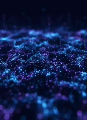 Abstract digital data network with glowing blue and purple interconnected points and lines on a dark background.