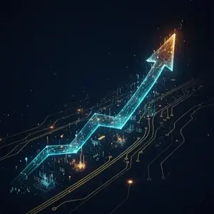 AI generated image of a futuristic 3D data visualization of a glowing cyan arrow pointing upward, symbolizing financial growth and success, with circuit board patterns and digital light particles on a dark background.