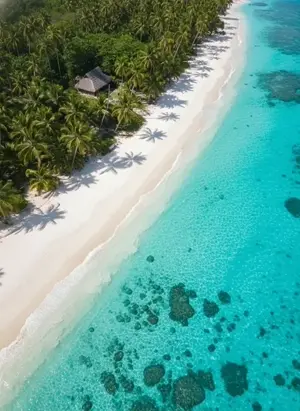An aerial drone view of a pristine tropical beach with crystal-clear turquoise water, vibrant coral reefs, and a row of palm trees casting long shadows on the white sand, with a small thatched hut tucked into the greenery.