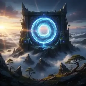 A cinematic wide shot of a massive ancient stone gate on a high mountain peak containing a swirling glowing blue portal above a sea of clouds at dawn.