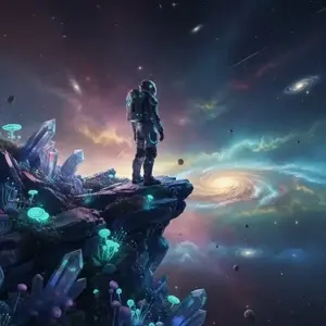An astronaut standing on a crystalline cliff overlooking a vibrant nebula galaxy with bioluminescent plants.