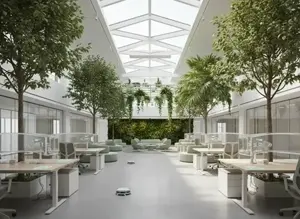 Biophilic office design indoor trees vertical garden – BanaGen AI Nano Banana generated