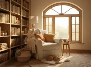 Cozy reading nook bookshelf sleeping cat – BanaGen AI Nano Banana generated