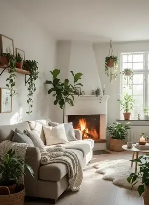 A bright and cozy Scandinavian-style living room featuring a warm burning fireplace, a comfortable beige sofa with a knitted throw blanket, and multiple lush green indoor plants in a sunlit interior.