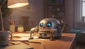 AI generated image of a cute, small metallic robot helper with expressive glowing blue digital eyes and a friendly smile, sitting on a wooden desk with pencils and a warm lamp in a cinematic animation style.