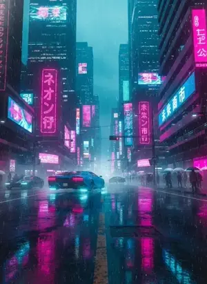 A stunning cyberpunk city street at night with vibrant pink and blue neon signs reflecting on wet pavement during a light rain, featuring futuristic flying cars and a dense urban atmosphere.