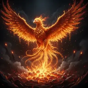 AI generated image of a majestic phoenix with feathers of liquid fire rising from glowing embers, cinematic fantasy art.