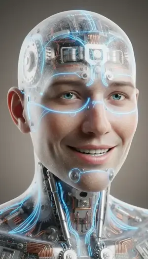 A friendly android with translucent skin revealing glowing blue neural circuits, hyper-realistic 3D render.