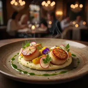 A professional food photography of two perfectly seared scallops served on a bed of creamy puree, garnished with fresh herbs and edible flowers in a high-end restaurant atmosphere.