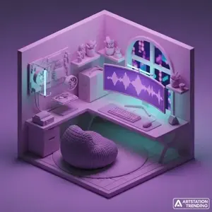 A cozy isometric 3D render of a minimalist gaming room with soft pink and purple neon lighting, featuring wall-mounted PC components, a curved monitor with a soundwave display, and a large arched window overlooking a night city.