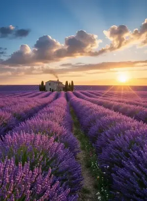 An endless blooming lavender field stretching toward a small rustic stone cottage under a vibrant sunset with golden light rays.