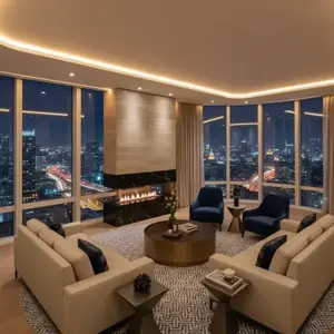 A luxurious modern penthouse living room with beige furniture and a fireplace, featuring floor-to-ceiling windows with a panoramic night view of a glowing city skyline.