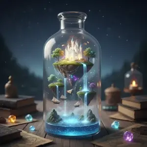 Miniature fantasy world glass bottle floating islands – BanaGen AI Nano Banana generated