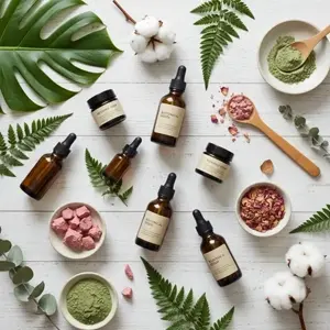A clean flat lay composition of organic skincare serum bottles, herbal powders, and green botanical leaves on a white wooden background.