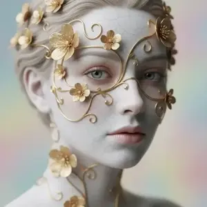 A fine art portrait of a person with cracked porcelain skin adorned with delicate 3D golden flowers and vines across the face in a soft pastel setting.