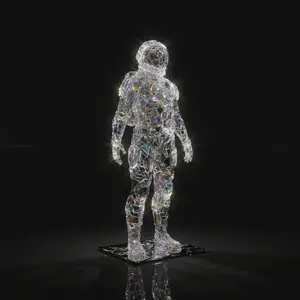 A breathtaking digital sculpture of a human figure made of shattered translucent glass and crystals, refracting rainbow light on a black background.