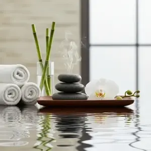 A serene spa setting featuring stacked zen stones with rising steam, a white orchid, and bamboo stalks reflected in calm water.