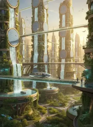 A futuristic sustainable city with vertical gardens, waterfalls on skyscrapers, and flying vehicles under golden sunlight.
