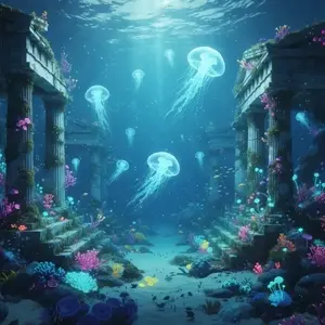 The lost city of Atlantis underwater with glowing jellyfish floating among ancient marble ruins.