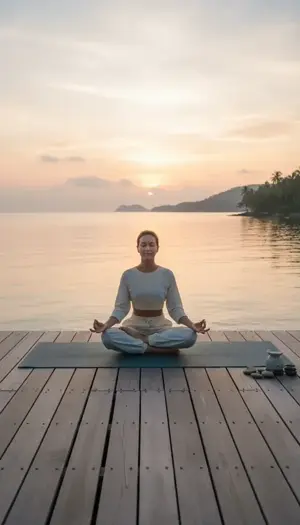 A woman in a peaceful meditation pose on a wooden pier at dawn overlooking the sea, symbolizing wellness and tranquility.