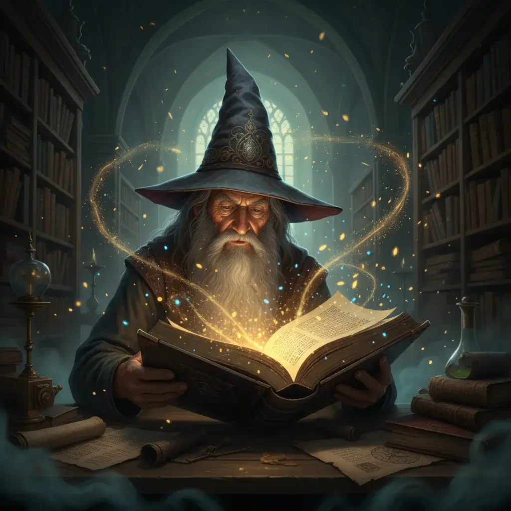 An elderly wizard with a long grey beard and a tall pointed hat intently reading a glowing, magical ancient book in a grand library. Golden magical energy and sparks emanate from the pages, illuminating his face and the surrounding shelves filled with old books and scrolls