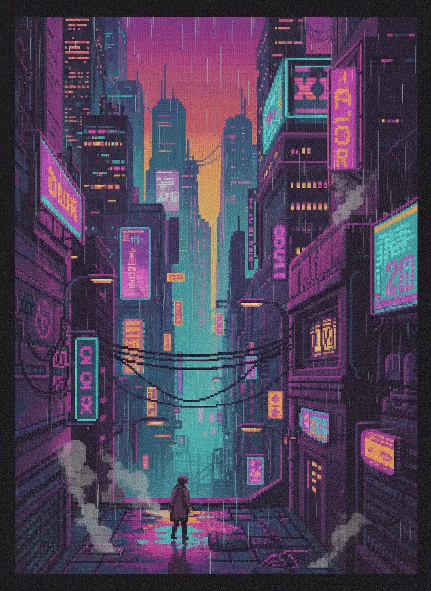 AI generated pixel art cyberpunk city - BanaGen