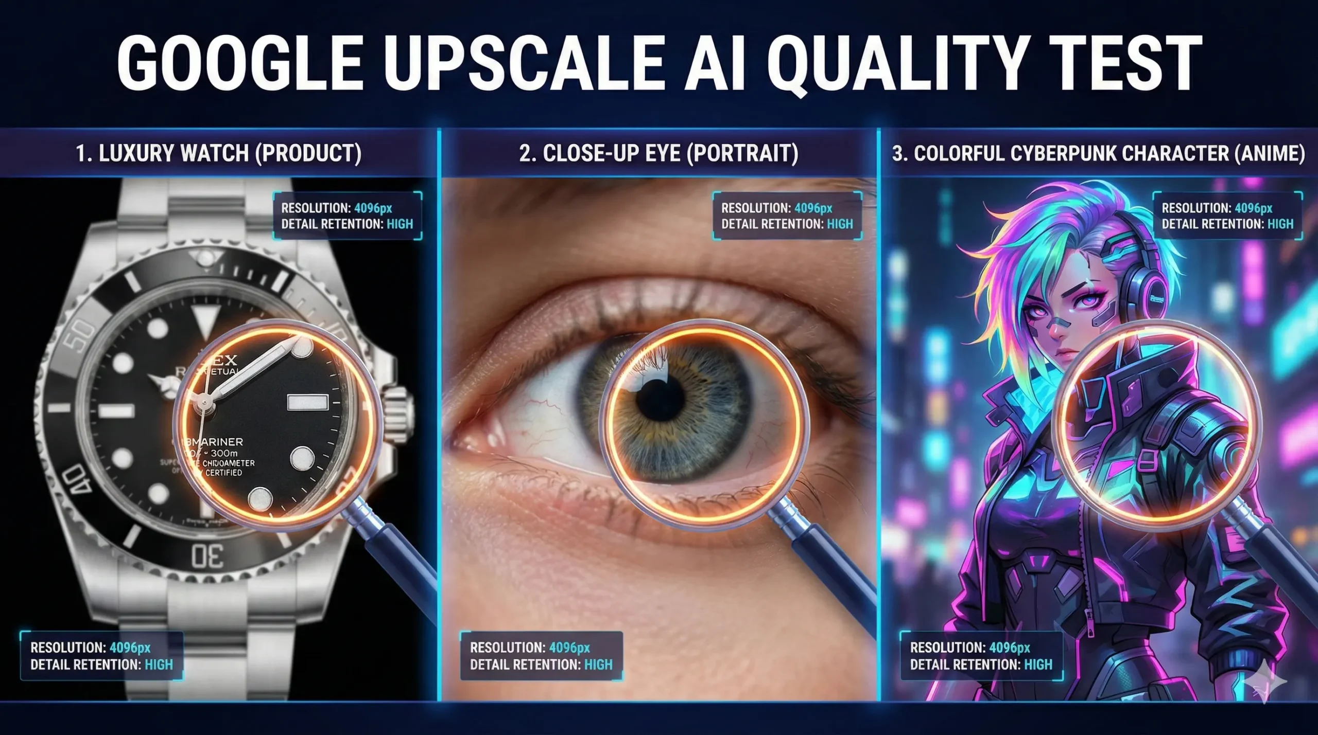 Google Upscale AI quality test results on different image types