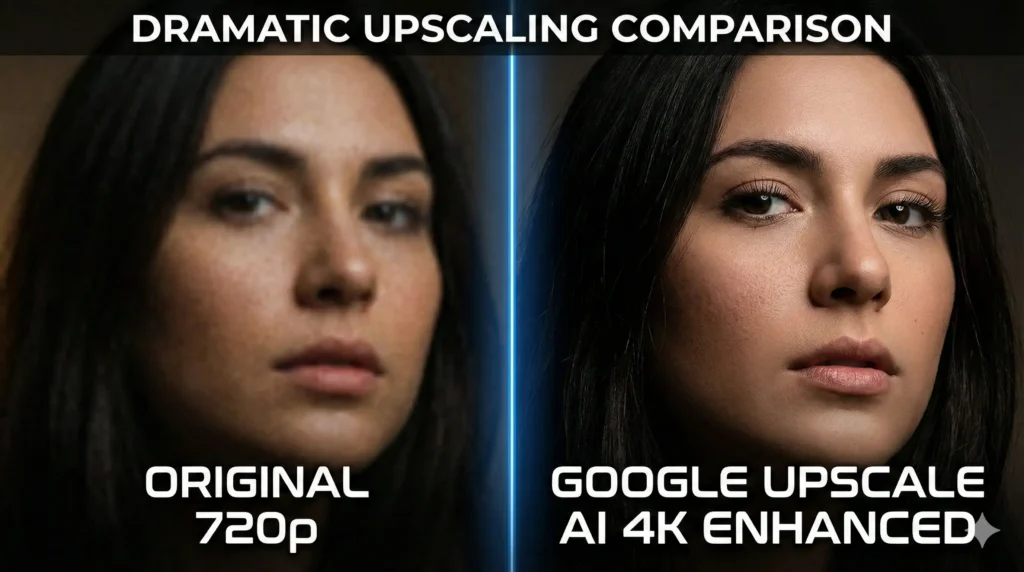 A dramatic split-screen comparison photograph. The left half shows a blurry, low-resolution portrait of a woman with pixelated eyes and skin texture (labeled "Original 720p"). The right half shows the exact same portrait in stunning, crystal-clear 8K resolution, with incredible sharp details on eyelashes, skin pores, and hair strands (labeled "Google Upscale AI 4K Enhanced"). A glowing blue dividing line down the middle
