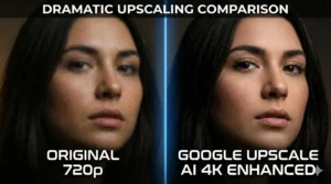 A dramatic split-screen comparison photograph. The left half shows a blurry, low-resolution portrait of a woman with pixelated eyes and skin texture (labeled "Original 720p"). The right half shows the exact same portrait in stunning, crystal-clear 8K resolution, with incredible sharp details on eyelashes, skin pores, and hair strands (labeled "Google Upscale AI 4K Enhanced"). A glowing blue dividing line down the middle