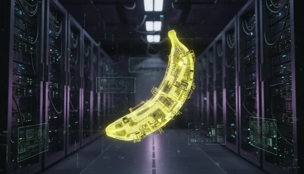 How to Use Nano Banana in Gemini: Complete 2026 Guide 6 A futuristic 3D render of a banana made of translucent glowing neon yellow glass circuits, floating in a dark high-tech server room, cyberpunk aesthetic, cinematic dramatic lighting, 8k resolution, depth of field, purple and blue background accents, professional digital art.