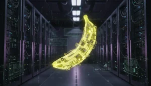 A futuristic 3D render of a banana made of translucent glowing neon yellow glass circuits, floating in a dark high-tech server room, cyberpunk aesthetic, cinematic dramatic lighting, 8k resolution, depth of field, purple and blue background accents, professional digital art.