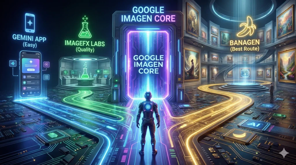How to Use Google Imagen: The Complete Free Guide & Best Tools (2026) 5 A futuristic digital landscape showing a user standing in front of a massive, glowing gateway labeled "GOOGLE IMAGEN CORE". Three distinct pathways branch out from the gate: one labeled "GEMINI APP (Easy)" with a mobile icon, one "IMAGEFX LABS (Quality)" with a beaker icon, and a wider, brighter path labeled "BANAGEN (Best Route)" with a banana icon leading to a stunning AI art gallery. The ground is made of circuit boards and light streams