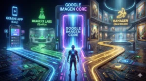 A futuristic digital landscape showing a user standing in front of a massive, glowing gateway labeled "GOOGLE IMAGEN CORE". Three distinct pathways branch out from the gate: one labeled "GEMINI APP (Easy)" with a mobile icon, one "IMAGEFX LABS (Quality)" with a beaker icon, and a wider, brighter path labeled "BANAGEN (Best Route)" with a banana icon leading to a stunning AI art gallery. The ground is made of circuit boards and light streams