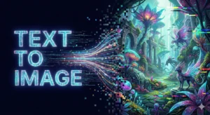 Futuristic concept art illustrating AI text to image technology transforming digital code into a fantasy landscape