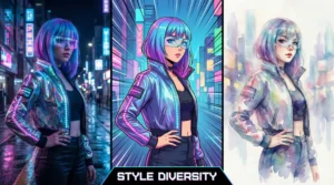 Three vertical panels showcasing the same cyberpunk girl character in different art styles. Panel 1: Photorealistic photography. Panel 2: Vibrant Anime style 2D illustration. Panel 3: Soft watercolor painting. The images are consistent in pose but distinct in style. Text label at bottom "STYLE DIVERSITY"