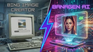 Split screen comparison of the best AI image creator Bing alternative (BanaGen) versus Microsoft Bing, showing faster generation speed and higher image quality.