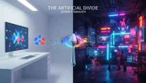 Split screen comparison of Google Gemini vs BanaGen interface, futuristic digital art style, high quality 8k image generated by BanaGen AI